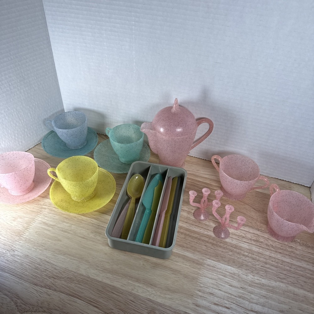 Vintage GOTHAMWARE Speckled Play Cups Saucers Spoons - Childs Toys